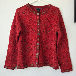 Nomadic Traders Floral Cardigan Medium Red Vintage Nordic Sweater Y2K 90 Grandma
